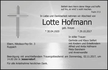 Traueranzeige von Lotte Hofmann von Neue Presse Coburg