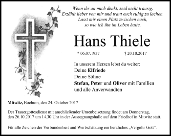 Traueranzeige von Hans Thiele von Neue Presse Coburg