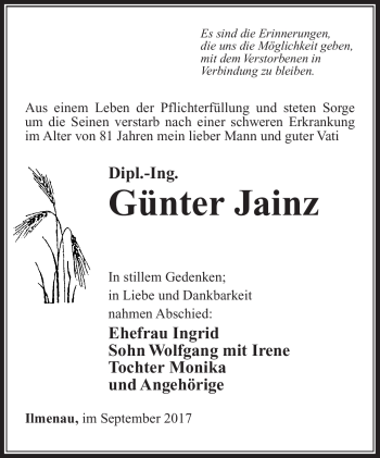 Traueranzeige von Günter Jainz von Südthüringer Presse