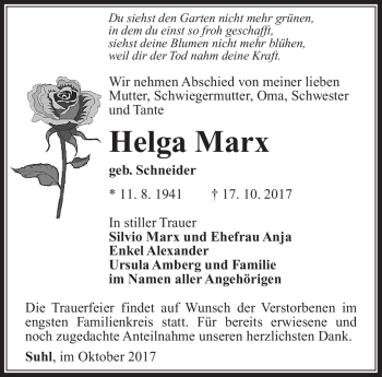 Traueranzeige von Helga Marx von Südthüringer Presse