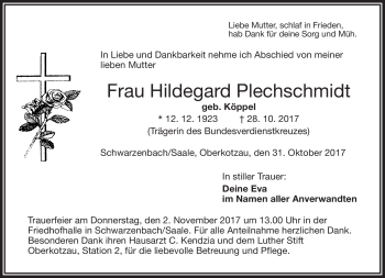 Traueranzeige von Hildegard Plechschmidt von Frankenpost