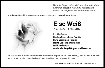 Traueranzeige von Else Weiß von Südthüringer Presse