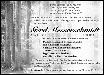 Traueranzeige von Gerd Messerschmidt von Südthüringer Presse