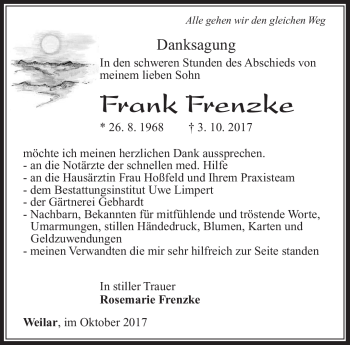 Traueranzeige von Frank Frenzke von Südthüringer Presse