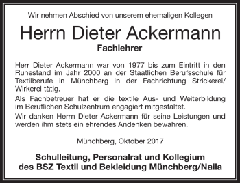 Traueranzeige von Dieter Ackermann von Frankenpost