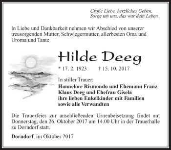 Traueranzeige von Hilde Deeg von Südthüringer Presse
