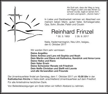 Traueranzeige von Reinhard Frinzel von Frankenpost