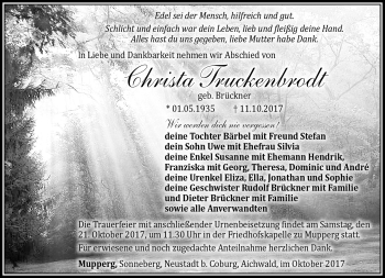 Traueranzeige von Christa Truckenbrodt von Südthüringer Presse