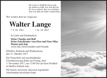 Traueranzeige von Walter Lange von Neue Presse Coburg