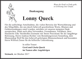Traueranzeige von Lonny Queck von Südthüringer Presse