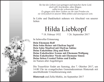 Traueranzeige von Hilda Liebkopf von Südthüringer Presse