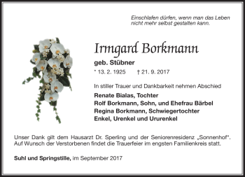 Traueranzeige von Irmgard Borkmann von Südthüringer Presse