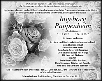 Traueranzeige von Ingeborg Pappenheim von Südthüringer Presse