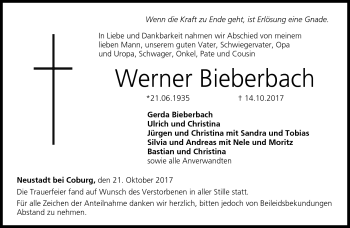 Traueranzeige von Werner Bieberbach von Neue Presse Coburg