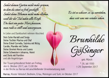 Traueranzeige von Brunhilde Gößinger von Südthüringer Presse