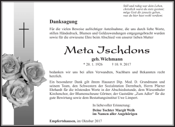 Traueranzeige von Meta Ischdons von Südthüringer Presse