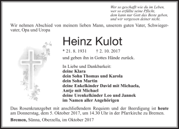 Traueranzeige von Heinz Kulot von Südthüringer Presse