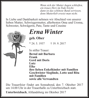 Traueranzeige von Erna Winter von Südthüringer Presse
