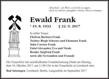 Traueranzeige von Ewald Frank von Südthüringer Presse