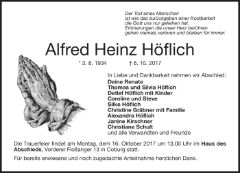 Traueranzeige von Alfred Heinz Höflich von Neue Presse Coburg
