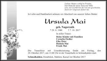 Traueranzeige von Ursula Mai von Südthüringer Presse