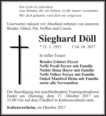 Traueranzeige von Sieghard Döll von Südthüringer Presse