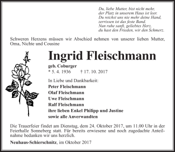Traueranzeige von Ingrid Fleischmann von Südthüringer Presse