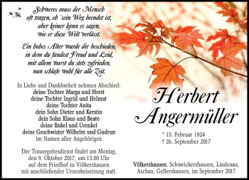 Traueranzeige von Herbert Angermüller von Südthüringer Presse