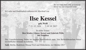 Traueranzeige von Ilse Kessel von Südthüringer Presse