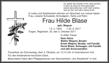 Traueranzeige von Hilde Blase von Frankenpost