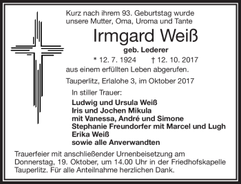 Traueranzeige von Irmgard Weiß von Frankenpost