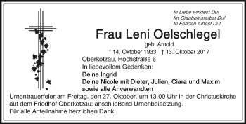 Traueranzeige von Leni Oelschlegel von Frankenpost
