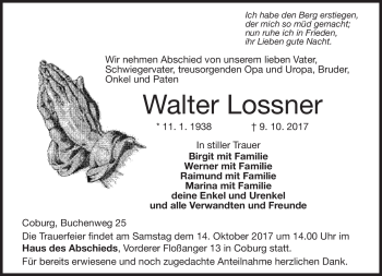 Traueranzeige von Walter Lossner von Neue Presse Coburg