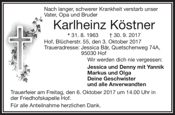 Traueranzeige von Karlheinz Köstner von Frankenpost