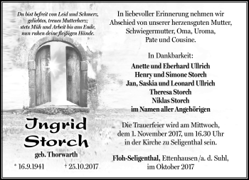 Traueranzeige von Ingrid Storch von Südthüringer Presse