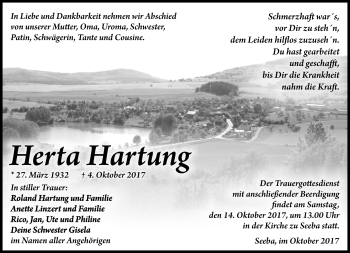 Traueranzeige von Herta Hartung von Südthüringer Presse