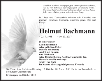 Traueranzeige von Helmut Bachmann von Südthüringer Presse