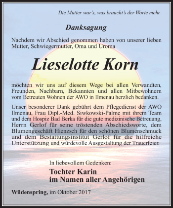 Traueranzeige von Lieselotte Korn von Südthüringer Presse