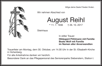 Traueranzeige von August Reihl von Frankenpost