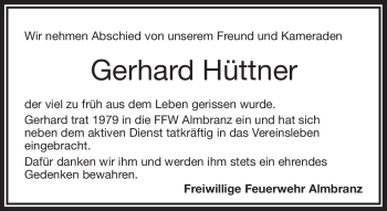 Traueranzeige von gerhard Hüttner von Frankenpost