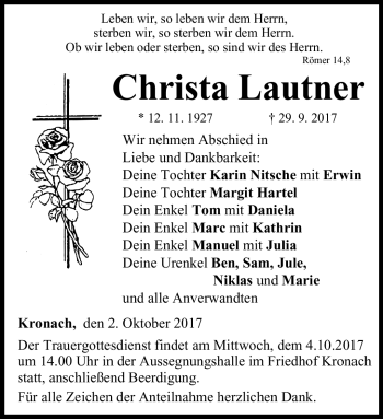 Traueranzeige von Christa Lautner von Neue Presse Coburg