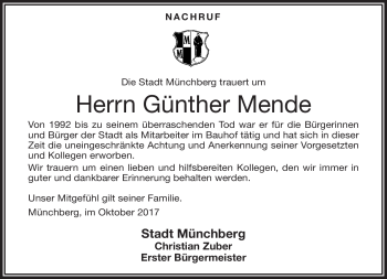 Traueranzeige von Günther Mende von Frankenpost