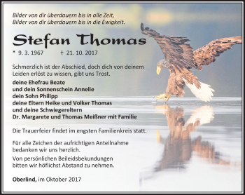 Traueranzeige von Stefan Thomas von Südthüringer Presse