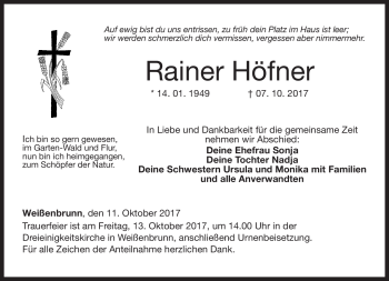 Traueranzeige von Rainer Höfner von Neue Presse Coburg