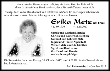 Traueranzeige von Erika Metz von Südthüringer Presse