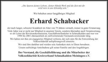 Traueranzeige von Erhard Schabacker von Südthüringer Presse