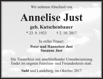 Traueranzeige von Annelise Just von Südthüringer Presse
