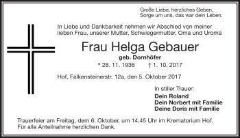 Traueranzeige von Helga Gebauer von Frankenpost