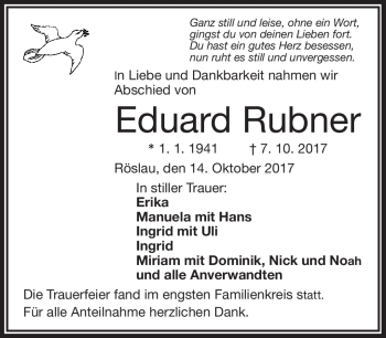Traueranzeige von Eduard Rubner von Frankenpost
