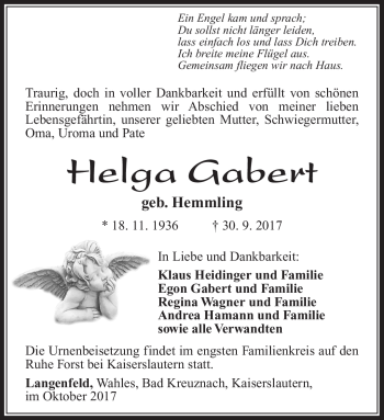 Traueranzeige von Helga Gabert von Südthüringer Presse